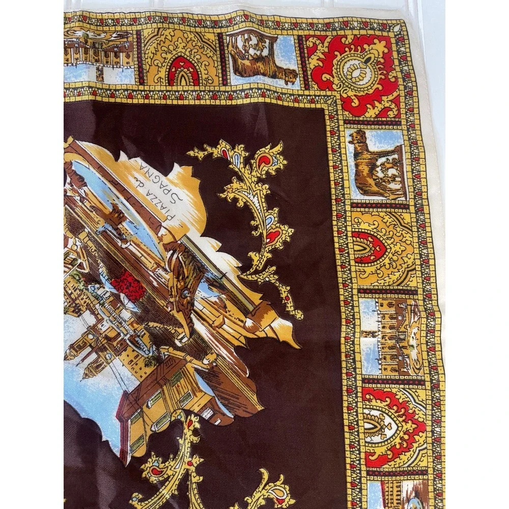 Vintage Roma Italy Souvenir Square Scarf Brown Gold Landmark Print Travel Gift